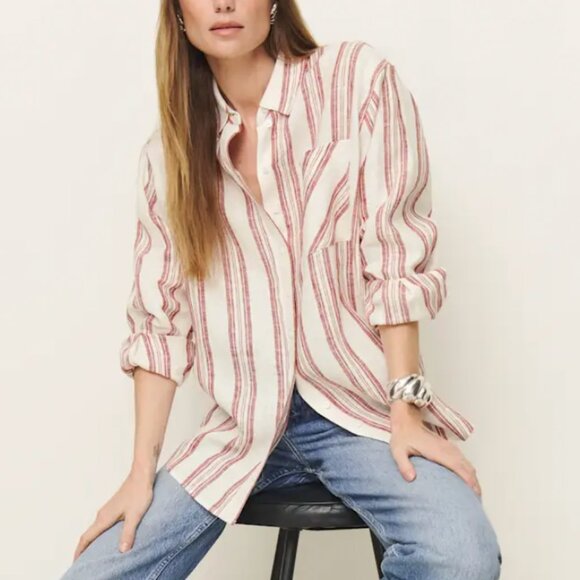Reformation Eli Oversized Linen Shirt Small Avignon Stripe Causal Summer Vacatio